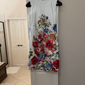 Norm Thompson White Sleeveless Midi Dress with Multicolor Floral Print